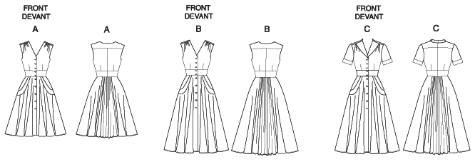 Close-fitting, lined, flared dresses A, B, C have darts, front and back gathers, side front pockets with pocket bands and button front closing. A, B: sleeves. C: sleeves with cuffs. A: mid-knee length. B, C: lower calf length.
NOTIONS: Dress A, B, C: Ten 1/2" Buttons. Also A, B: 1/2" Single Fold Bias Tape.