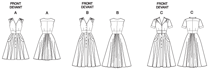 Close-fitting, lined, flared dresses A, B, C have darts, front and back gathers, side front pockets with pocket bands and button front closing. A, B: sleeves. C: sleeves with cuffs. A: mid-knee length. B, C: lower calf length.
NOTIONS: Dress A, B, C: Ten 1/2" Buttons. Also A, B: 1/2" Single Fold Bias Tape.