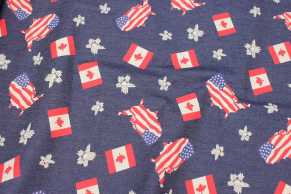 Stretch-denim with USA and Canada motifs