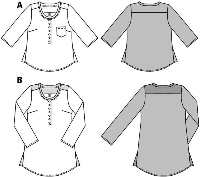 Lovely blouses for the summer, with round neckline and button panel in the front. Ornamental details like the tiny pocket, rounded hem and inserted gussets deserve closer attention. Lovely blouses for the summer, with round neckline and button panel in the front. Ornamental details like the tiny pocket, rounded hem and inserted gussets deserve closer attention.