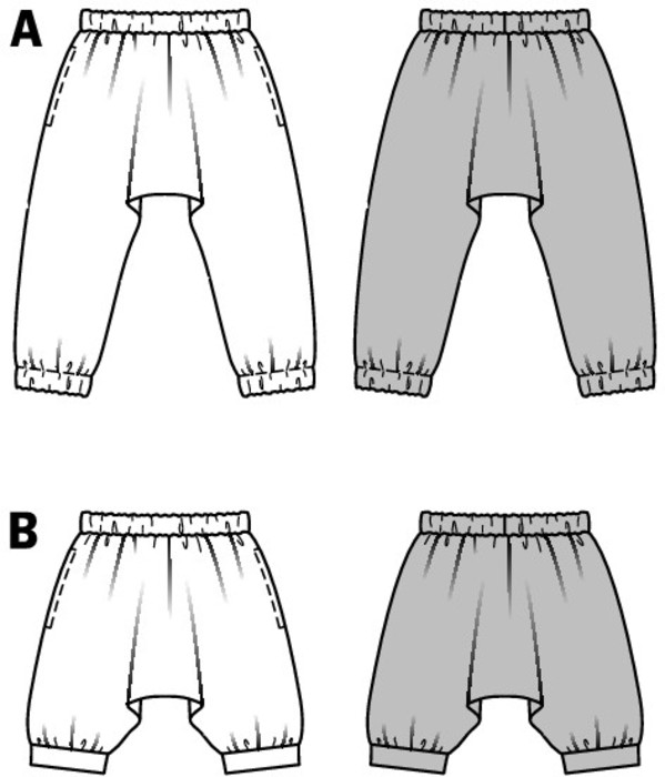 Super cushy Sarouel pants in varying lengths, with elastic casing in the waist and, as for view A, at the ankles. B with hem band under the knee. Hip pieces of fashion for girls. Quick and easy to sew. Super cushy Sarouel pants in varying lengths, with elastic casing in the waist and, as for view A, at the ankles. B with hem band under the knee. Hip pieces of fashion for girls. Quick and easy to sew.