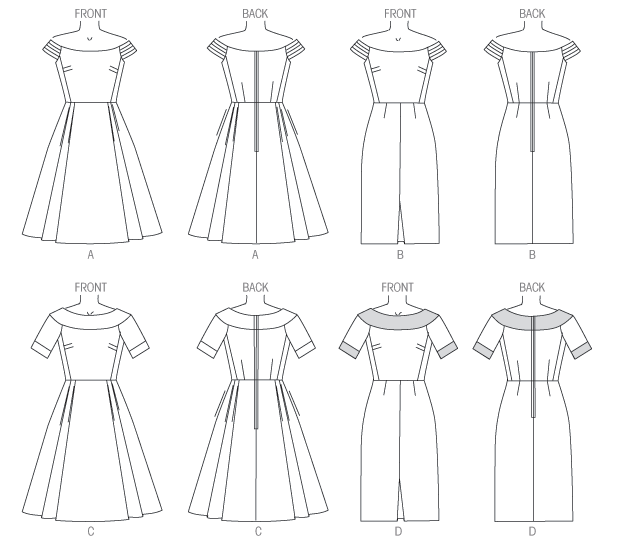 Dress has semi-fitted, lined bodice with side front and side back seams, skirt and sleeve variations, and back zipper. A and B: bias, pleated sleeves with elasticized casing. A and C: pleated skirt and pockets. B and D: semi-fitted skirt and front hemline pleat. C and D: collar and cuffs.  Designed for lightweight to medium-weight woven fabrics.