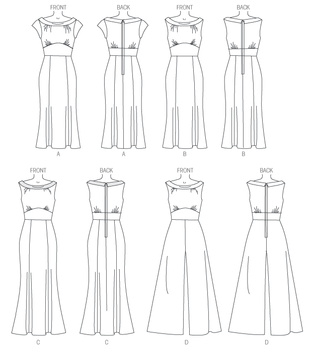 Dress and jumpsuit (loose-fitting through bust) have bias collar, lined bodice and midriff, and back zipper. A: self-lined sleeves. A, B and C: princess seams. D: wide-legged. All are semi-fitted through hips.  Designed for light- to medium-weight woven fabrics.