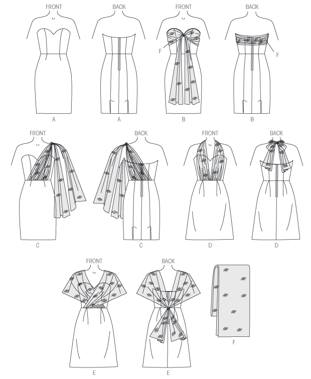 Dress has close-fitting, underlined, boned bodice, princess seams, and back zipper. A, B and C: semi-fitted skirt with princess seams and back vent. D and E: pleated skirt. C, D and E: drape. Note: diagrams shown for a variety of looks. Single-layer sash. Sash and drape have raw edge finish. B is shown with sash F. Separate pattern pieces included for A/B, C, D cup sizes.  Designed for light- to medium-weight woven fabrics.