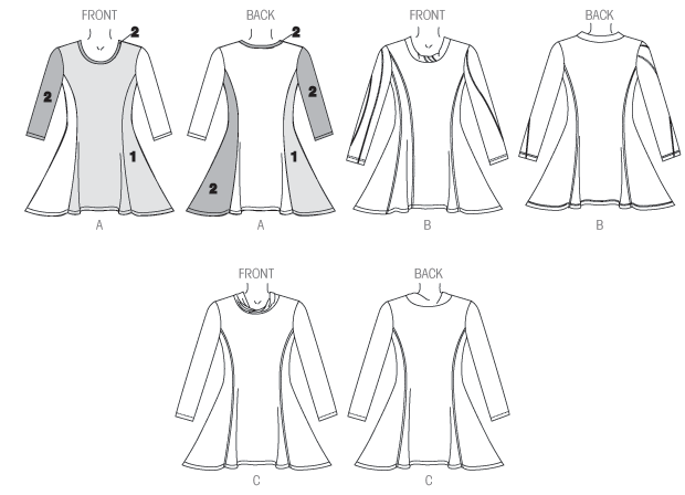 Pullover tunic (fitted through bust) has side front and side back seams, sleeve length variations and stitched hems. A: neck binding. B: standing collar and decorative stitching. C: twisted collar.  Designed for moderate stretch knits only.