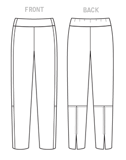Close fitting pull-on pants have front and back yokes with back elastic.