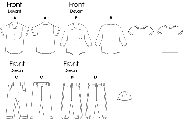 Loose-fitting shirts A, B have collar, dropped shoulders, stitched hems and above elbow sleeves. Loose-fitting T-shirt has neck band and short sleeves. Pants C have stitching detail, front waistband, carriers, back hems and snap inner leg. Pants D have no side seams, elastic waist and ankles. Purchased trim. Hat has crown and brim.
NOTIONS: Shirt A, B: Four 1/2" Buttons. T-shirt: Seam Binding. Pants C: 3/4 yd. of 3/4" Snap Tape, One Package of 11/4" Waistband Interfacing and 1/2 yd. of 1" Elastic. Pants D: 3/4 yd. of 1/2" Elastic, 5/8 yd. of 1/4" Elastic and 23/8 yds. of 1/2" Twill Tape. Hat: 3/4 yd. of 3/4" Grosgrain Ribbon.