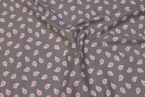 Light grey, woven cotton with pink 25 mm leaf-pattern