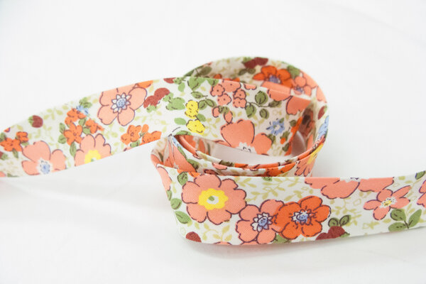 Bias tape, white with coral and red flowers 2 cm