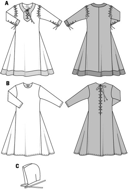 History gowns for Medieval festivals. Side godets provide extra fullness at the bottom hem of these floor-length gowns. View A: contrasting colors of the facings. Front slit and sleeve vents fastened with cord lacets, sleeves attached to the dress with a cord tie. View B: rearward lace fastening. Bonnet C completes the look.