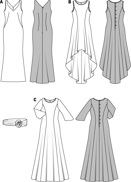 Elegant evening gowns with nice front and rear décolletés, form-fitting shapes, slightly flared towards the hem. Each of them an eye-catcher. Translucent overdresses, either sleeveless or with ¾ sleeves, give them a premium touch. Make the test! Belts with ornamental roses cut from the same fabric accentuate the waist.