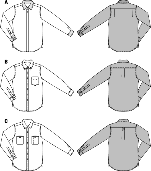 Mens shirts, business or leisure wear, popular seam lines, shoulder yoke and topstitched rear folds. Choose between different collar and pocket solutions. Shirt A with concealed buttoning.