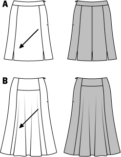 Seven, slightly flared gores of variant A with shaped waistband softly play around the knees. Small slits set interesting accents. The calf-length variant B gets its swing from the well flared skirt panels. The oblique cut of both variants provides the nice drape.