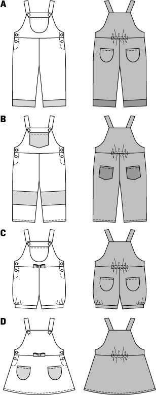Three variants of pants with side closure and patched pockets, to be mixed and matched indefinitely. The cute pinafore dress with bib-top and side closure, too, will certainly become a favorite piece of fashion for little girls.