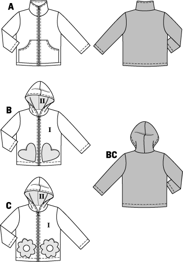 Three smart jackets, alternatively with standing collar or hood. Boys will love variant A with the functional slant pockets. Variants B and C for girls have decorative pockets in the shape of flowers or hearts.