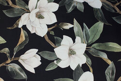 Black, medium-thickness cotton with big off-white flowers