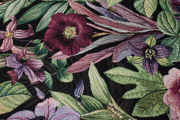 Black tapestry with big purple flowers