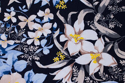 Blue-black viscose jersey with 8-10 cm big off white flowers