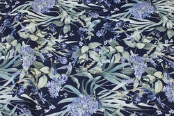 Medium-thickness cotton in navy with blue-green flowers