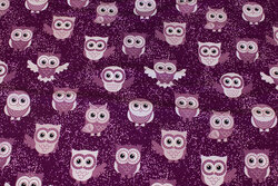 Red-purple sweatshirt fabric with ca. 4 cm owls