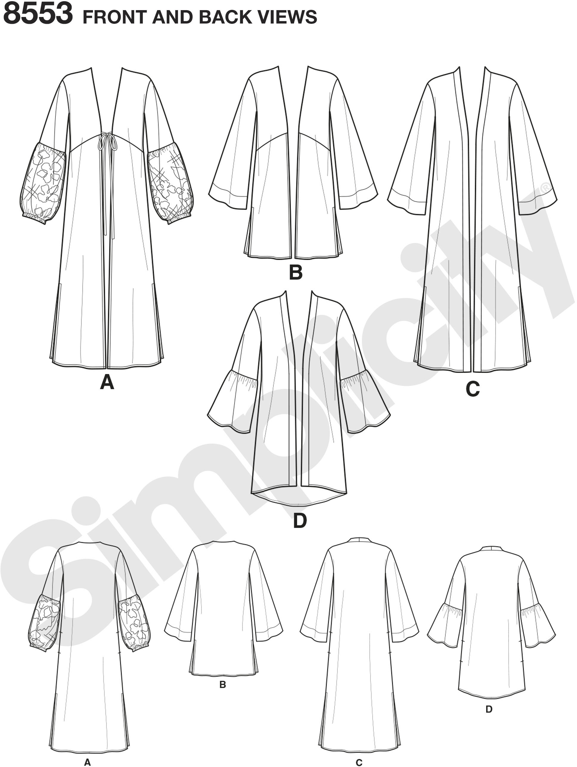 Create Misses easy-to-sew kimono or folk robe style jackets by Simplicity with sleeve and front variations. Create a statement sleeve with lace overlay view A or a ruffle view D. In a print or solid, these cover-ups are a must-have in any wardrobe. Create Misses easy-to-sew kimono or folk robe style jackets by Simplicity with sleeve and front variations. Create a statement sleeve with lace overlay view A or a ruffle view D. In a print or solid, these cover-ups are a must-have in any wardrobe.