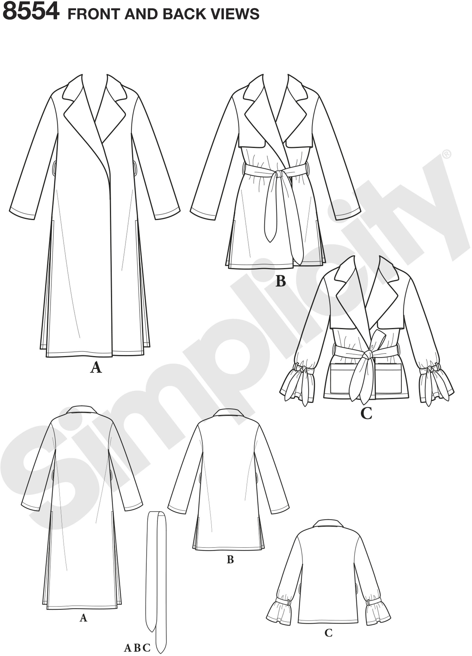 In this Simplicity pattern sized for Misses and Miss Petite, our easy-to-sew soft trenchcoat and jacket are the perfect layering pieces. Length options include short, mid, and long with side slits and optional pockets and ties.