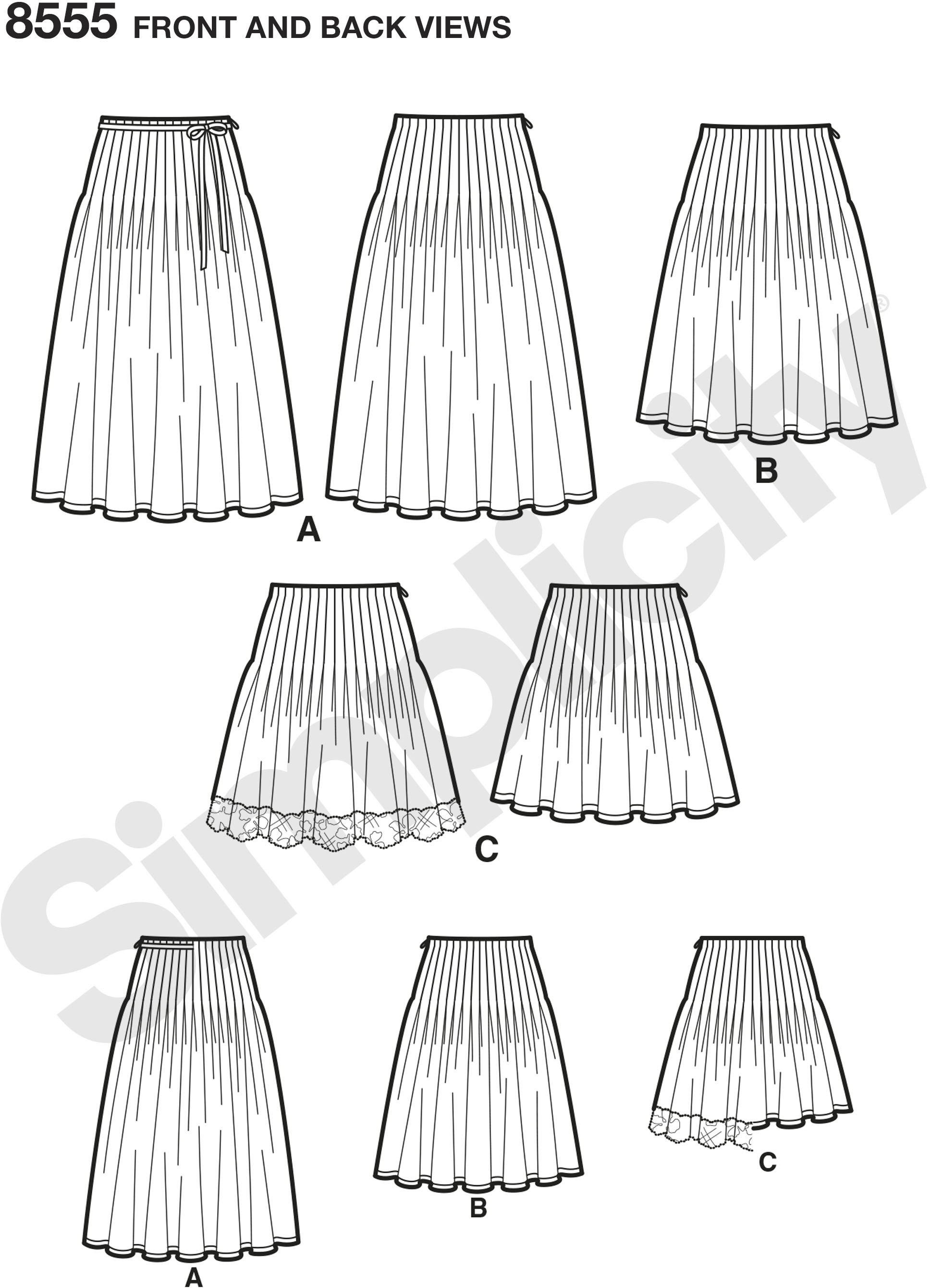 These Misses pleated skirts with length variations feature stitched soft pleats that create a fuller look. Skirt pattern pieces are cut on the crosswise grain. This pattern is suitable for border prints, eyelets, or scalloped edges. These Misses pleated skirts with length variations feature stitched soft pleats that create a fuller look. Skirt pattern pieces are cut on the crosswise grain. This pattern is suitable for border prints, eyelets, or scalloped edges.