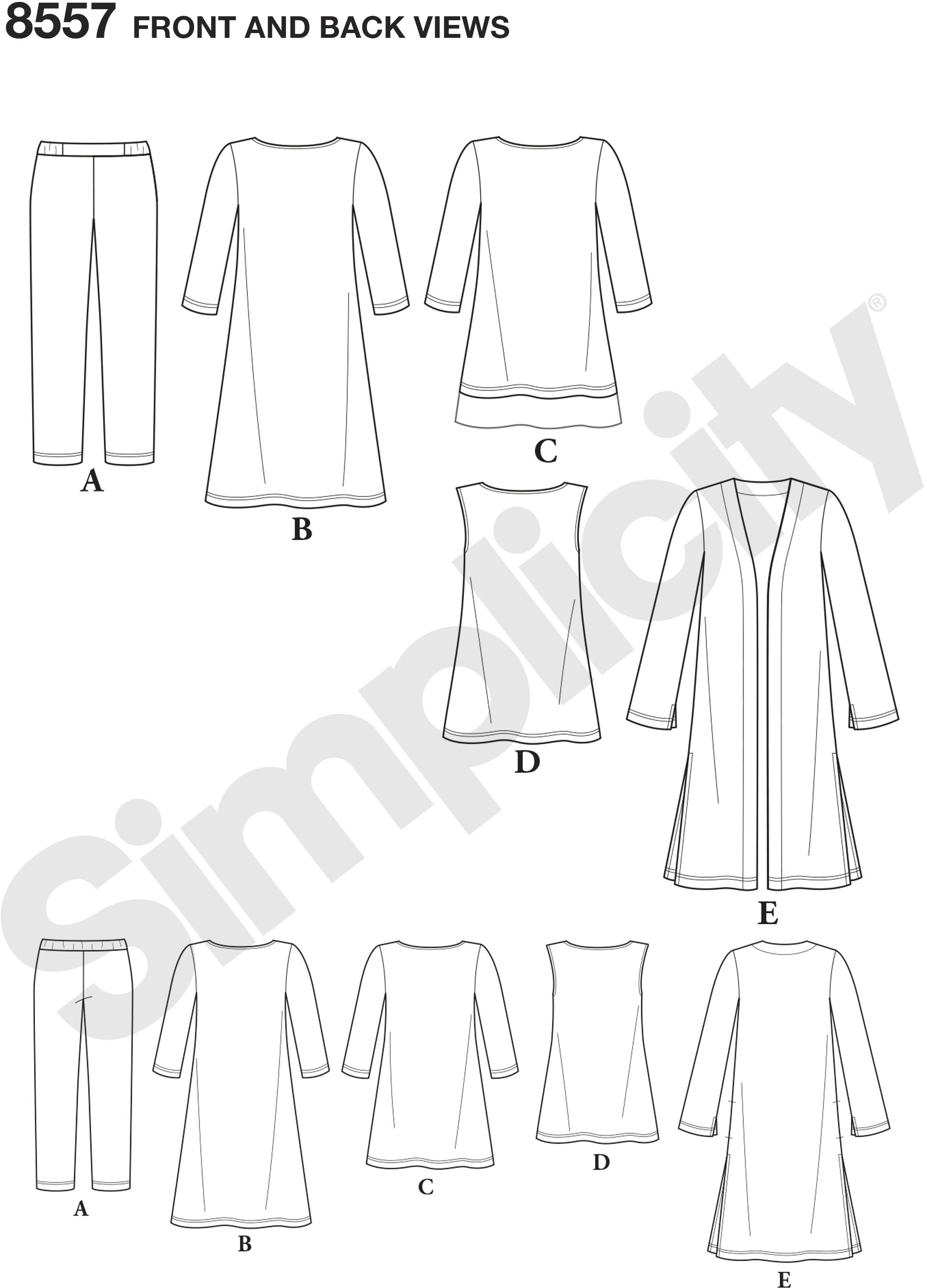 Create this coordinated set of Misses and Miss Petite easy-to-sew wardrobe essentials. Pattern features knit cropped pants, dress or tunic, and duster. Create this coordinated set of Misses and Miss Petite easy-to-sew wardrobe essentials. Pattern features knit cropped pants, dress or tunic, and duster.