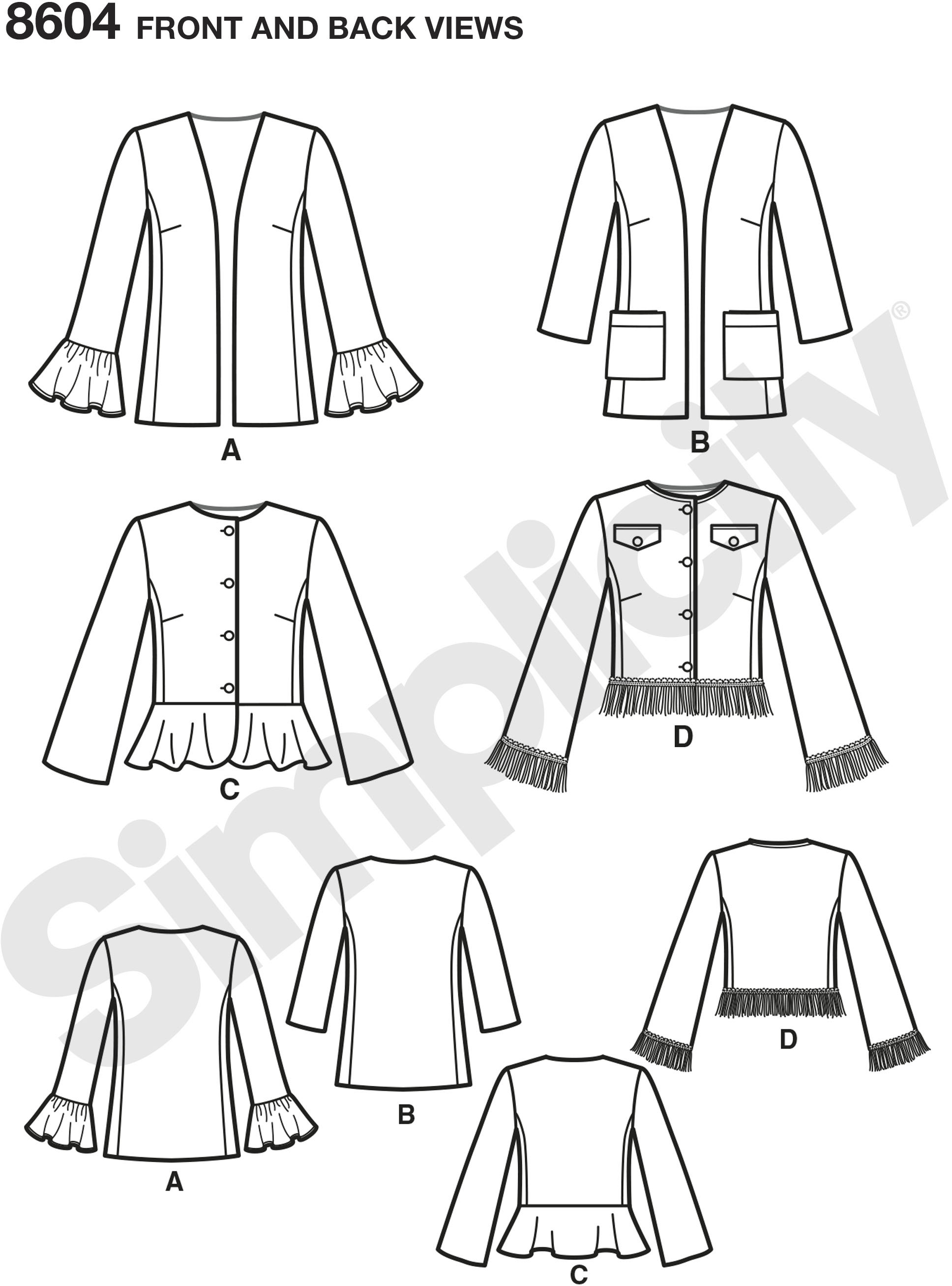 These Misses and Petites lined jackets are the perfect anyday coordinate. Jackets feature collarless design with optional button closure, plus length and sleeve variations. Simplicity sewing pattern from the Threads magazine collection. These Misses and Petites lined jackets are the perfect anyday coordinate. Jackets feature collarless design with optional button closure, plus length and sleeve variations. Simplicity sewing pattern from the Threads magazine collection.