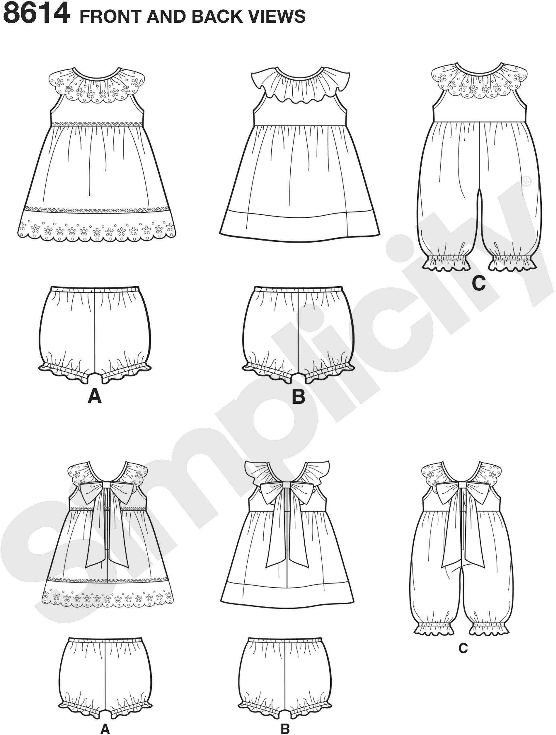 Create adorable outfits for Baby this spring with a sweet dress, romper and panties. This pattern features ruffles, rickrack trim, and a back bow interest.