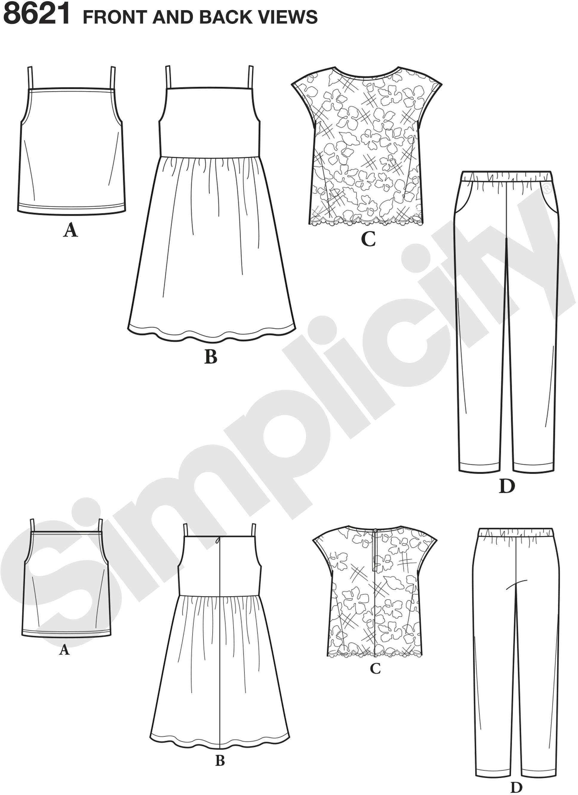 Jump into spring with these easy-to-sew pieces for child and girl sizes 3 to 14. Pattern includes a dress, knit camisole with lace overlay, and ankle length pants.