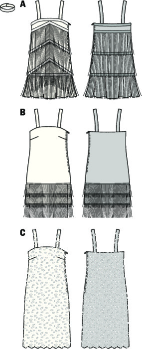 Back to the Charleston in these glamorous, sexy sleeveless dresses. Dress A with sophisticated slanting fringe braids. B with three hem braids of fringes. C from lace fabric with one-sided scallop edge. Proposal: Why not choose decorative curtain fabrics. Matching accessories are pearl necklaces, feather boa and cigarette holder.