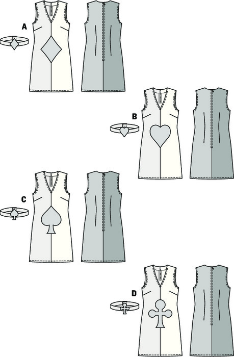 Sleeveless dress with V-neck, quickly sewn from two fabrics, ornamented with card game symbols – hearts, diamonds, spades or clubs. Matching bandeau with Velcro closure.