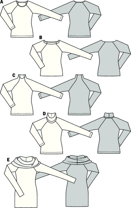 Fine shirts and jumpers from knitted fabrics of which you will never get enough. Why not sew several pieces at once of your favorite basic with comfortable raglan sleeves. You can choose between different neck solutions and the large roll collar.