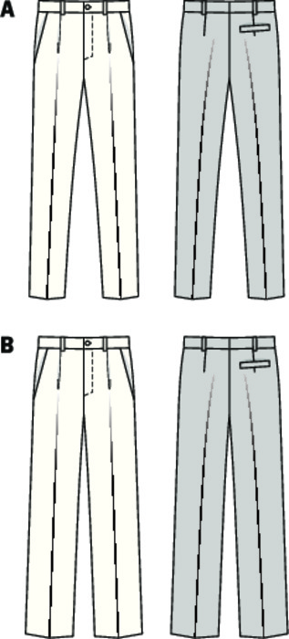 Two variants of men’s pants, with differently wide legs. Both versions with transverse pockets, one waistband pleat and one seat pocket. Pants A with legs tapering towards the hem. B with full, straight legs.