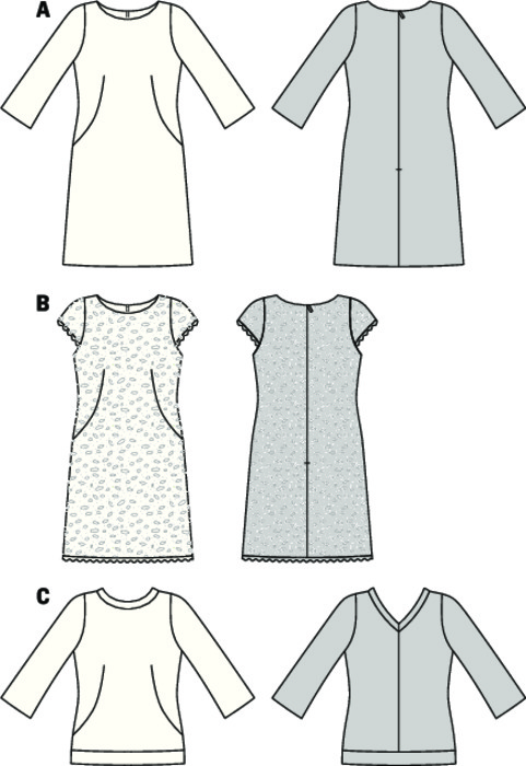 Unsophisticated seam lines with darts enhancing the waist a little, bateau neck und slightly flared hem. Dress A and shirt C with long, flared ¾ sleeves. Shirt with banded edges and charming neck band which forms a tiny rear V-neck. Dress B from lace fabric with half-sleeves and appliqué scallop edges.