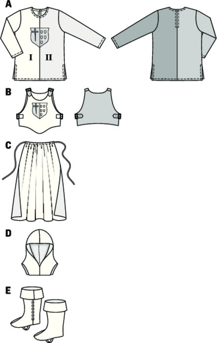 Knight’s robe for both medieval festivals and carnival, very popular gown for young guys. The two-colored shirt with appliqued emblem can either be worn separately or with the weskit, closed at the shoulders and at both sides. The cape with tie band, the hood with spaulder and the fold-down gaiters complete the look.