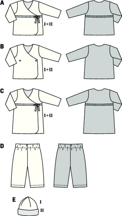 Toddlers‘ coordinates from jersey which guarantee wearing ease. The wrap shirts are doubled with contrast fabric and very easy to pull on. The cap is sewn in one piece, with darts, and doubled with contrast fabric, too. The pants with elastic casing are quick and easy to sew from a matching color.