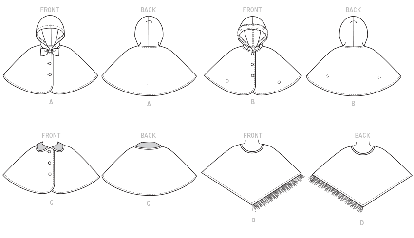 Loose-fitting unlined capes and poncho. A, B: Hood. A: Self-bow. B: Faux fur trim and snap closure. C: Contrast collar. D: Purchased fringe. Loose-fitting unlined capes and poncho. A, B: Hood. A: Self-bow. B: Faux fur trim and snap closure. C: Contrast collar. D: Purchased fringe.