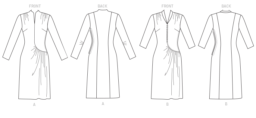 Dress has shaped front with gathers, side seam zipper, shoulder pads, shoulder gathers, sleeve and neckline variations. A: Long sleeves with elbow darts, swan neckline and snap opening. Optional ribbon for bow. B: Three-quarter length sleeves, shawl collar and front buttons. Buttons are not functional. Circa. 1944.