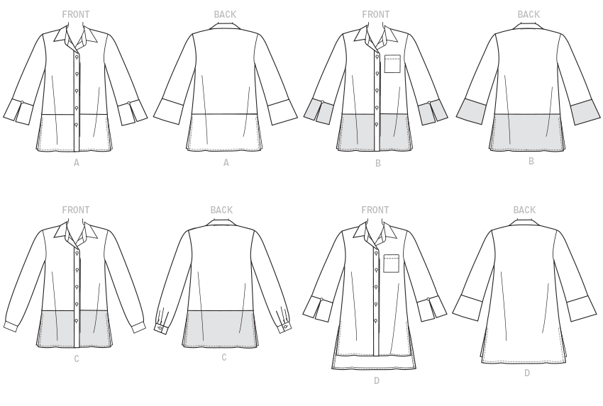 Loose-fitting shirts have collar and collar band, front button closure, and sleeve, hem, and contrast variations. A, B, D: Three-quarter length sleeves, and sleeve band with slit and buttons. A: Bias lower front, lower back and sleeve bands. B, C: Bust pocket. C: Long sleeves with continuous lap, pleats, and button cuffs. D: Wrong side of fabric will show.