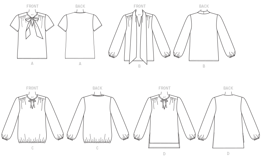 Pullover top and tunic has front yoke with gathers, v-neckline with tie options, sleeve and hemline variations. A: Short sleeves. B, C, D: Three-quarter length sleeves with gathered hems. C: Gathered hem. D: High-low hem and side slits.