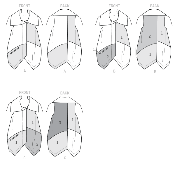 Unlined vests have shaped hemline, pocket, concealed button closing and contrast variations. B: Left side seam pocket. Unlined vests have shaped hemline, pocket, concealed button closing and contrast variations. B: Left side seam pocket.