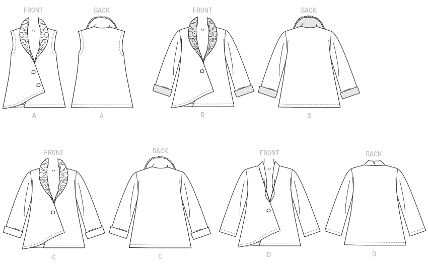Loose-fitting, unlined vest and jacket have front asymmetrical closing, and collar and sleeve variations. A, B, C: Ruched collar. B: Contrast collar and sleeve facing. B, C: Cuffs on sleeves. D: Shawl collar. Loose-fitting, unlined vest and jacket have front asymmetrical closing, and collar and sleeve variations. A, B, C: Ruched collar. B: Contrast collar and sleeve facing. B, C: Cuffs on sleeves. D: Shawl collar.