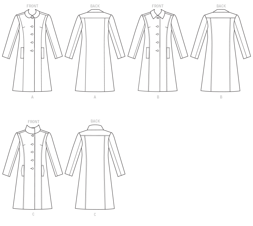 Fitted coats have princess seams, back yoke with forward shoulder seams, two-piece sleeve, collar and pocket variations. A: Round collar. B: Pointed collar. C: Funnel neck. Separate pattern pieces are included for cup sizes A, B, C, D.