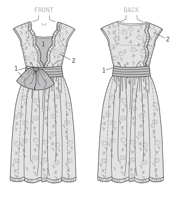Close-fitting dress has contrast overlay, shoulder straps, and hook and eye closure. Loose-fitting overdress and contrast pleated sash with bow has both snap and hook and eye closing.