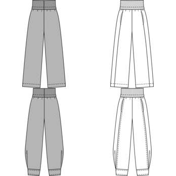Casual pull-on pants are big fashion news – and not only for sports or leisure wear! These pants/trousers have a comfortable waistband of rib knit fabric, forwarded side seams, and in-seam pockets. View A has wide, straight pant legs while view B has wide hem bands. Both will put you at the head of the fashion scene.