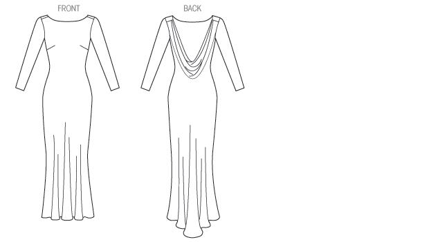 Close-fitting, lined, pullover dress has bias neck binding, shoulder yokes, back pleated drape with weighted tab, back extending into fish tail hemline. Close-fitting, lined, pullover dress has bias neck binding, shoulder yokes, back pleated drape with weighted tab, back extending into fish tail hemline.