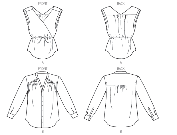 Top has self-lined yokes, front pleats, shaped hemline, and very narrow hem. A, front longer than back and B, back longer than front, wrong side shows. A: mock wrap, pullover, fitted through bust, no shoulder seams,  elasticized tie ends for casing, underarm inset, and armhole bands. B: loose-fitting, collar, front bands with snap closing, and long sleeves with pleats, placket and snaps cuffs.