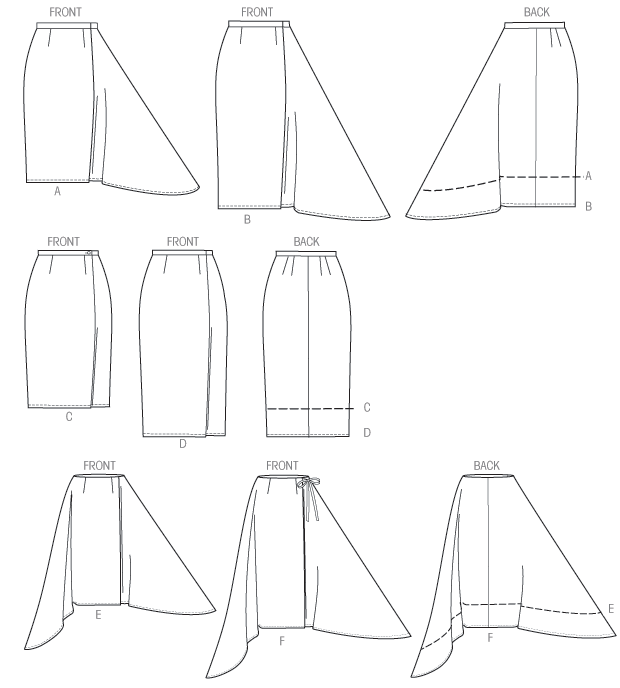 Semi-fitted, wrap skirt has button and/or hook and eye closing, and narrow hem. A, B, C and D: waistband. F: tie ends. A, B, E and F: sides extend into drape, wrong side may show.